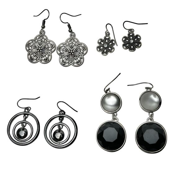 Dangle Earrings Lot 4 Assorted Wearable Gunmetal Gray Silver Tone Pierced Hook - Picture 1 of 7